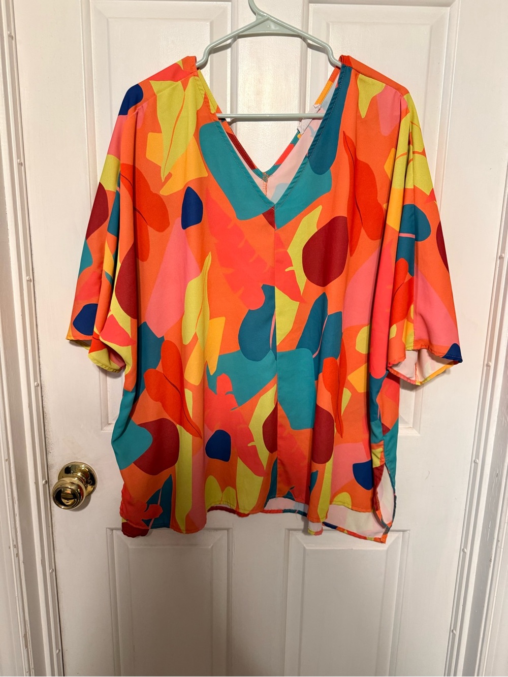 First Love Multicolor Abstract V-Neck Blouse — Orange, Teal, Pink, Yellow